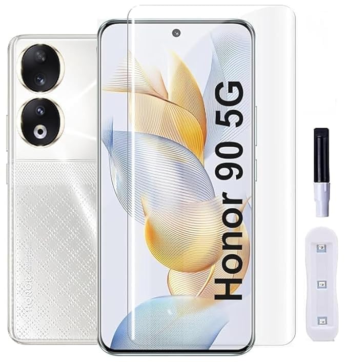 Image of UV Premium HD+ Tempered Glass For Honor 90 5G (6.7 Inch, Pack of 1) Full Adhesive Curved Glass 100% Fingerprint Working with installation kit