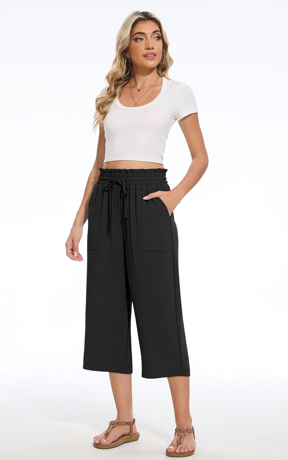 Womens Capri Pants Summer Wide Leg High Waisted Pants Drawstring Casual Trousers with Pockets - Image 5