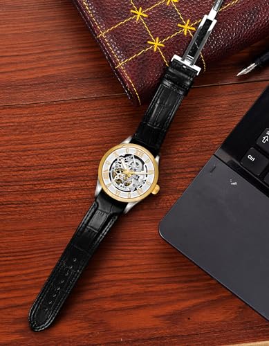 Image of Franklord Self Winder Skeleton Mechanical Automatic Watch For Men | Analog, Round Gold Dial | Black Leather Strap | Premium Luxury Wrist Watch For Men & Boys