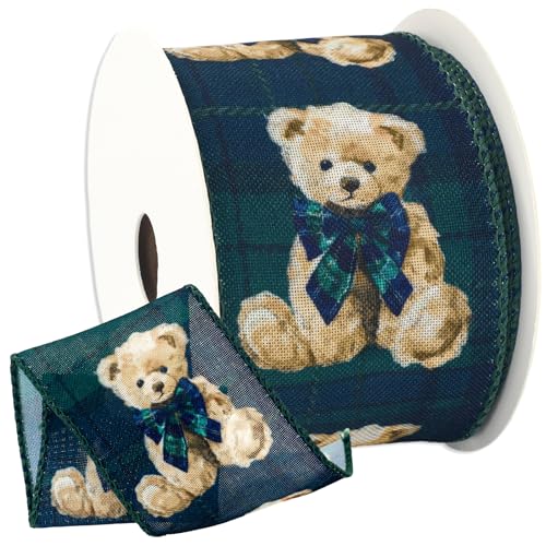 Whaline Tartan Bear Wired Edge Ribbon 12 Yards Blue Green Plaids Fabric Ribbon 2.5 Inch Baby Shower Craft Ribbons for Birthday Wreath Bow DIY Crafts Scottish British Style Decoration