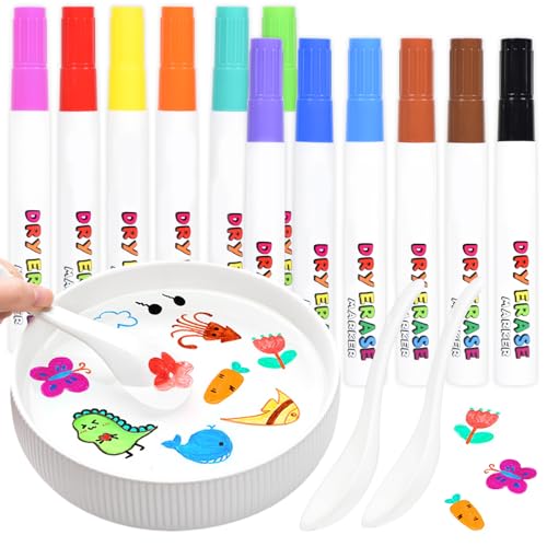 Elezeal Rotuladores de pintura flotantes, 12 colores, mágico, borrables, para dibujar, para pizarras, juego de marcadores de pizarra blanca con 2 cucharas y caja colorida para regalos para niñas y