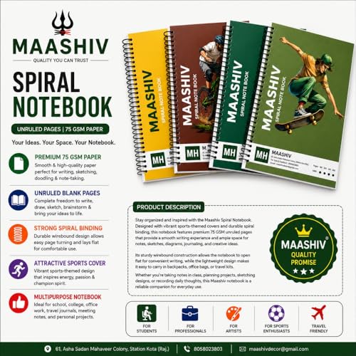 Image of Spiral Notebook A4 Size, Unruled Pages, 75 GSM Premium Paper, 200 Pages, Pack of 3, Writing Notebook for School and College