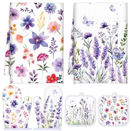 Sunnychicc Spring Lavender Oven Mitts and Pot Holders Kitchen Dish Towels Set Purple Flower Spring Kitchen Towels and Dishcloths for Baking Cooking Women BBQ Grilling Hand Dish Gifts