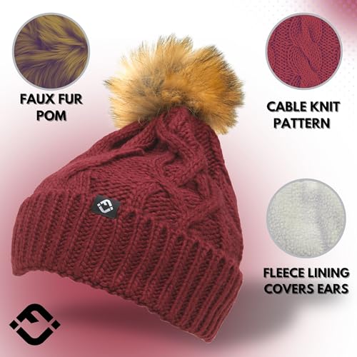 Funky Junque Toddler Girl Winter Hat Beanie with Faux Fur Pom Pom, Warm Cable Knit Fleece Lined Cap, Ages 2-53