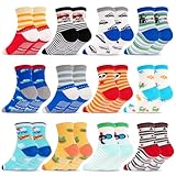 SkiBeaut Toddler Boys Socks with Grips Kids Non Slip Grippers 12 Pairs Lovely Assorted Cartoon Toddlers Anti Skid Slipper Baby Boy Girl Socks for 12-36 Months 1-3 Years Old