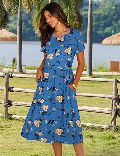 Image of HOTOUCH Women's Summer A-Line Midi Dresses 2026 Casual Floral Short Sleeve T-Shirt Dress Flowy Beach Sundress with Pockets