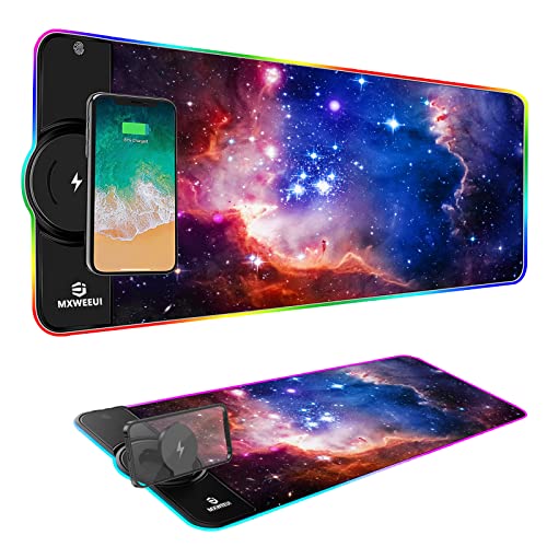 Mauspad XXL,Mauspad Gaming,Mausmatte kabelloses Laden mit Ständer,15W Schnellladung,10Beleuchtungsmodi,Rutschfester Gummiboden,großes Mauspad für Gaming,PC,Schreibtisch(80 x 30 cm,Sternenhimmel)