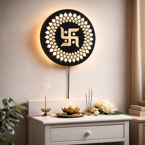 Image of Swastik LED Backlit Pooja Room Decor | Moon Wall Lights for Home Decoration | Wall Lamps for Bedroom & Living Room | No Adapter Required