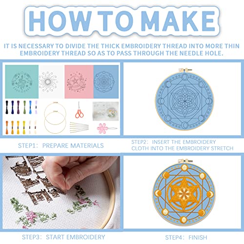 Image of FREEBLOSS 4 Set Tarot Style Embroidery Kit for Beginners Cross Stitch Kit with Instructions Full Kit of Embroidery Cloth Embroidery Hoops 12 Colors Floss