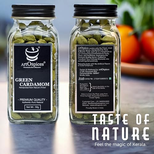 Image of ArtOspices Green Cardamom 8MM (Elaichi) 50g & Black Pepper (Kali Mirch) 80g Set | Pure Whole Spices | Handpicked Aromatic & Fresh | Ideal for Cooking, Gifting | Glass Jar Packed