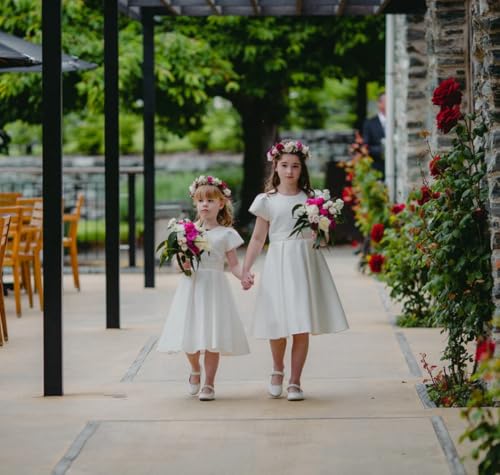 Satin Flower Girl Dress Knee-Length Kid's Party Dresses Cute Short Sleeves Girls Pageant Dress with Bow-Knot4