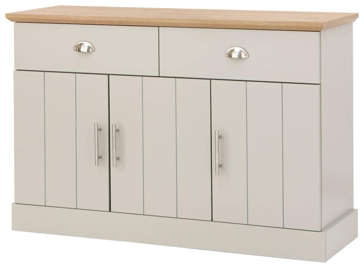 GFW Kendal Sideboard Cabinet Unit With 2 Storage Drawers & 3 Door Storage Cupboard, Contemporary Wooden Sideboards For Living Room, Dining Room & Kitchen, Grey & Oak, 39 x 117 x 77.5 cm