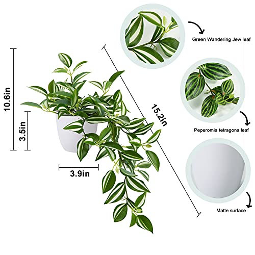 SOGUYI Fake Plants, Artificial Plants 15 Inch Faux Peperomia Watermelon Plants for Indoor Outdoor Decor,Realistic Artificial Hanging Plants in Pot for Home Office Perfect Housewarming Gift,2 Pack