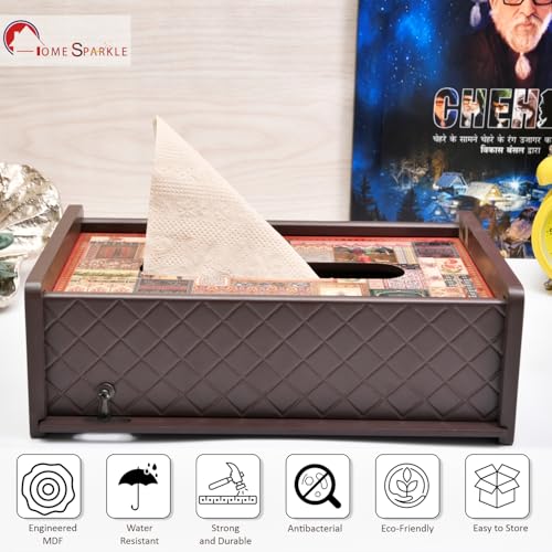 Image of Home Sparkle Tissue Paper Box Holder for Car, Home Decor, Gifting & Office Desk - Rectangular MDF with Elegant Vinyl Print Design - Brown Finish (C7V44)