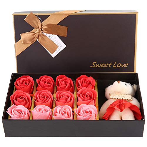 YUMILI Regalo de Flores, Caja de Regalo romántica, 12 Flores de Rosa Jabón Flor Oso de Peluche Día de San Valentín Día de la Madre Regalo romántico con Caja (Rojo) para Ella