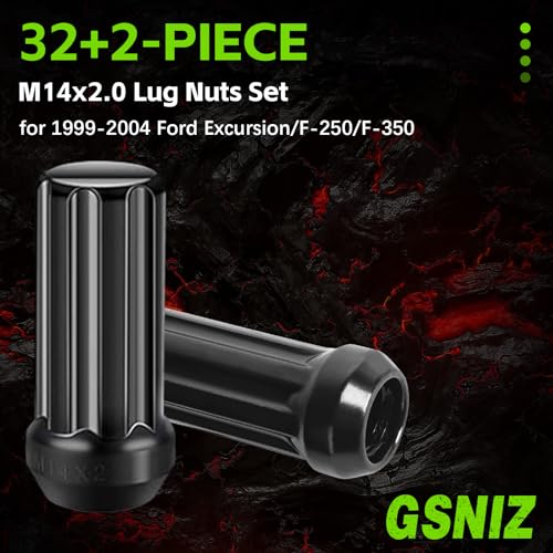 Image of 14mmx2 Lug Nuts Black, M14x2.0 Closed Spline Forged Tuner Lug Nuts, 2'' 50mm Tall Conical Seat 60 32 Pack + 2 Key Compatible for Ford F-350 Super Duty 1999-2004, Excursion 2000-2002