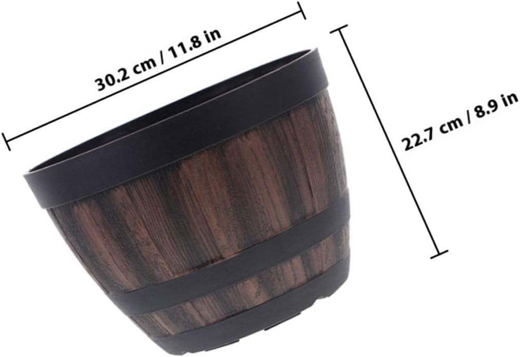 Faux Wood Planter Barrel with Drainage Holes and Tray, Vintage Plastic Flower Pot for Garden Balcony Patio, Sturdy Imitation Wooden Planting Container