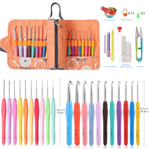 Image of Vodiye 21 Sizes Ergonomic Crochet Hooks Set 0.5-10.0mm with Roll Bag, Soft Grip Crochet Needles for Crocheting Comfort