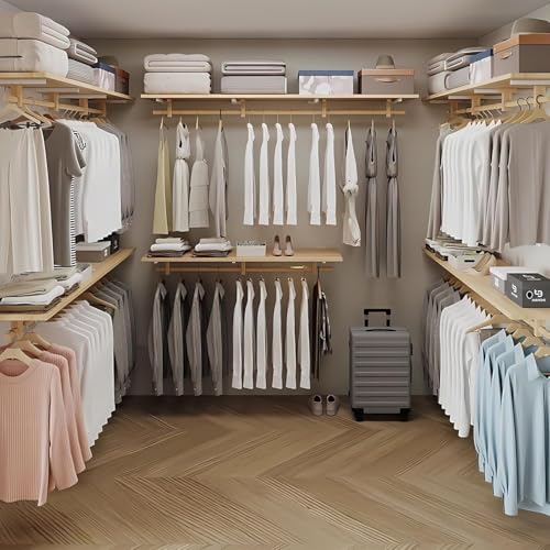 Mounted Closet Systems with Shelves, Closet Organizer System with Hanging Rods, Wall Mount Bedroom Wardrobe Walk-in Closet, Solid Wood Garment Rack (150cm/59in)