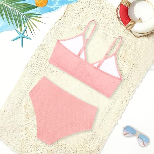 Image of Girls Swimsuit Solid Bathing Suit 2 Piece Twist Cross Adjustable Straps Soft Lining Bikini for Teen Girls with Chest Pad