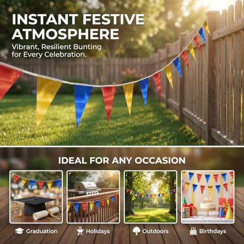 Image of 40M /130FT Gold Blue Red Triangle Pennant Banner Flag Metallic Fabric Bunting Garland for Christmas Graduation, Independence Day, 4th of July, Patriotic Themed Party Decoration