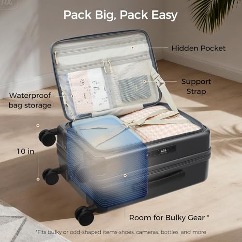 Image of Carry On Luggage Top Opening with Cup Holder & Phone Holder, Expandable PC Hard Shell Suitcase with USB Charging Port, Side Hook, 360 Spinner Wheels, TSA Lock & YKK Zippers