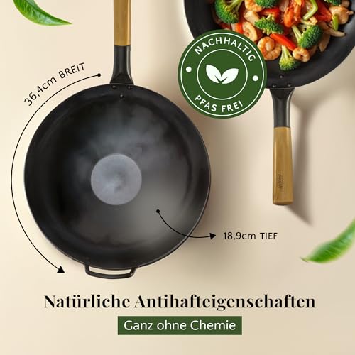 Foto von pasoli handgehämmerter Wok + gratis Rezepte eBook - voreingebrannt - traditionelle Asiapfanne - Bratwok aus Carbonstahl - induktionsgeeignete Wokpfanne - Durchmesser 36 cm