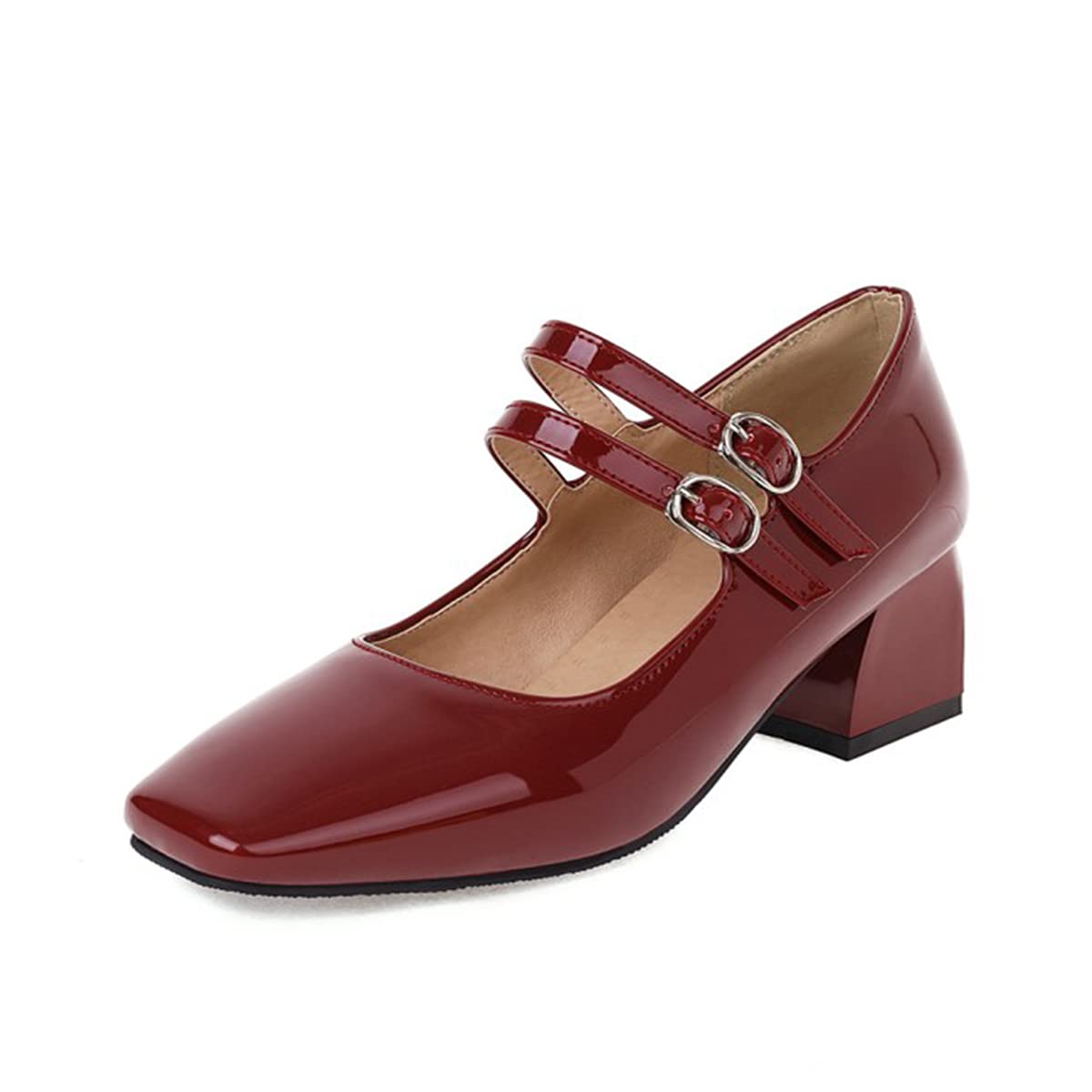 Hello SheroClassic Mid Block Heel Pumps for Women Square Toe Mary-Jane Patent Leather Dress Shoes with Double Strap Adjustable Buckle Dating Work Office Shopping Daily Wear