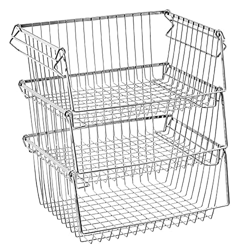 Image of SANNO Stacking Baskets Bin Baskets Wire Storage Baskets Organization Farmhouse Scoop Baksket for Pantry, Kitchen, Closets, Bathroom, Cabinets, Kitchen, Set of 3