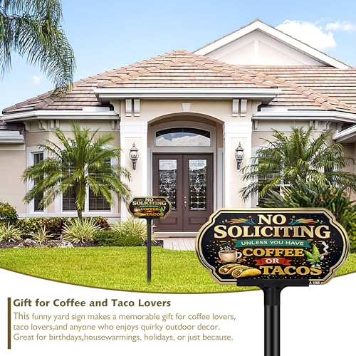 Image of Funny No Soliciting Sign for House with Adjustable 37 inch Stake, Coffee and Tacos Welcome Private Property Sign for Yard, 10x5 inch Rust-Free Aluminum, UV Protected & Weatherproof for Housewarming Gift