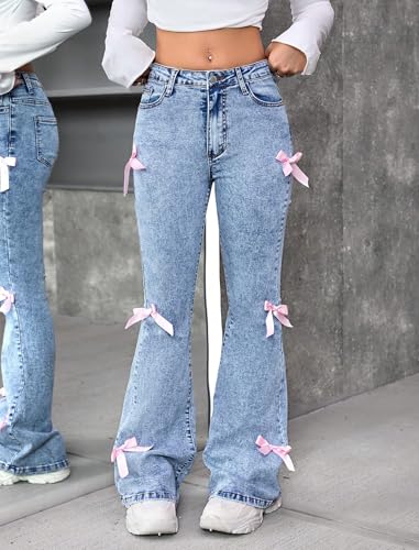 Girls Jeans Flare/Bell Bottom Bow Jeans for Teen High Waist Cute Y2K Stretch Tween Denim Pants 8-16Y2