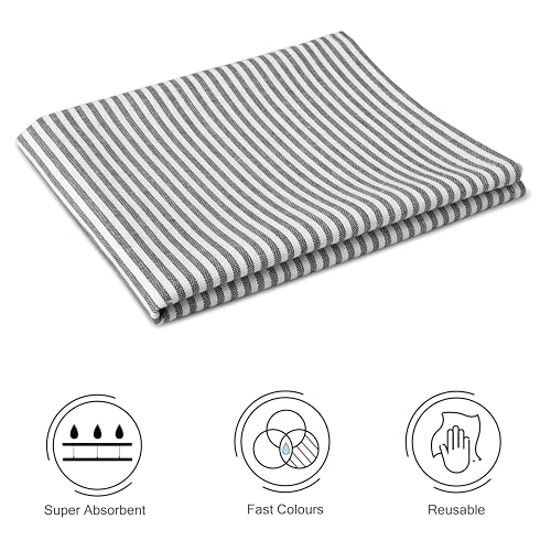 Image of Encasa XO Kitchen Towels Cotton Pack of 4 | 70x45 cm, Ticking Black - Dish Cloths | Highly Absorbent Cleaning & Wiping Cloths for Kitchen | Reusable Tea Towels