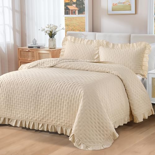 WONGS BEDDING Tagesdecke 220x240 Bettüberwurf Creme Decke Steppdecke 3 Teilig Doppelbett Gesteppt Bettdecke Vielseitige Wohndecke mit 2 Kissenbezug...