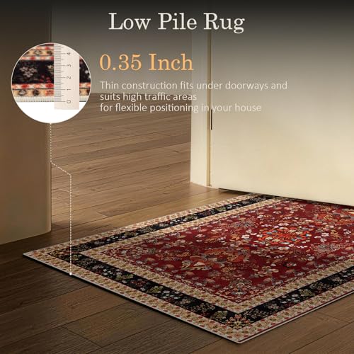 Image of LIANLAM Washable Area Rug with Vintage Style for for Living Room(8x10,Red) | Low-pile stain-resistant rug, OEKO-TEX certified, non-slip backing, fully machine washable for family use for Bedroom