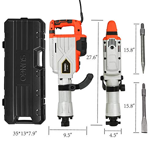 SUNCOO Electric Demolition Jack Hammer, 1900BPM Heavy Duty Jackhammer Powerful Rock Pavement Concrete Breaker Drills Kit with Gloves, Wheeled Case, Goggle and Flat&Point Chisels Bits