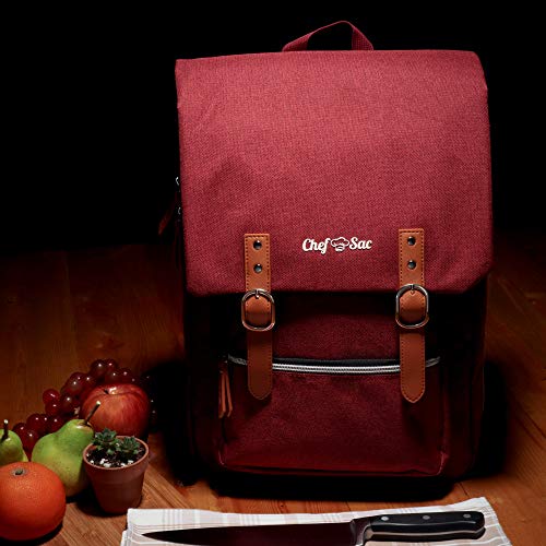 Chef Knife Bag Vintage Backpack | 30+ Pockets for Knives & Kitchen Utensils Tools | Large Pockets for Tablets & Notebooks | Great Gift for Executive Chefs & Culinary Students (Red)