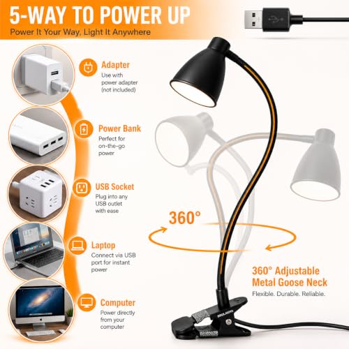 Image of Brolaviya 10W LED Reading Desk light Lamp with USB Powered, 38 LEDs, Gooseneck Clip Metal body, 3 Color Temperature Modes, 10 Dimming Brightness, Eye-Caring, Bedside Light, Workshop, Study lamp, Black