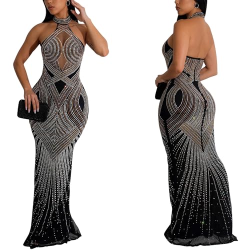 Image of PORRCEY Women's Sexy Hot Drilling Craft Dress Bodycon Party Club Night Out Mesh See Through Maxi Dress(6811,Black,XXL), XX-Large
