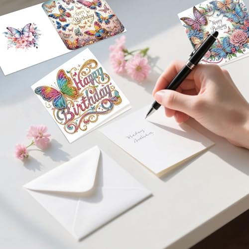 Image of 6 Pack Diamond Art Greeting Cards with Envelopes, DIY 5D Diamond Painting Birthday Card Kit with Butterflies and Flowers, 30x15cm Handmade Special Shaped Rhinestone Craft for Holiday and Birthday