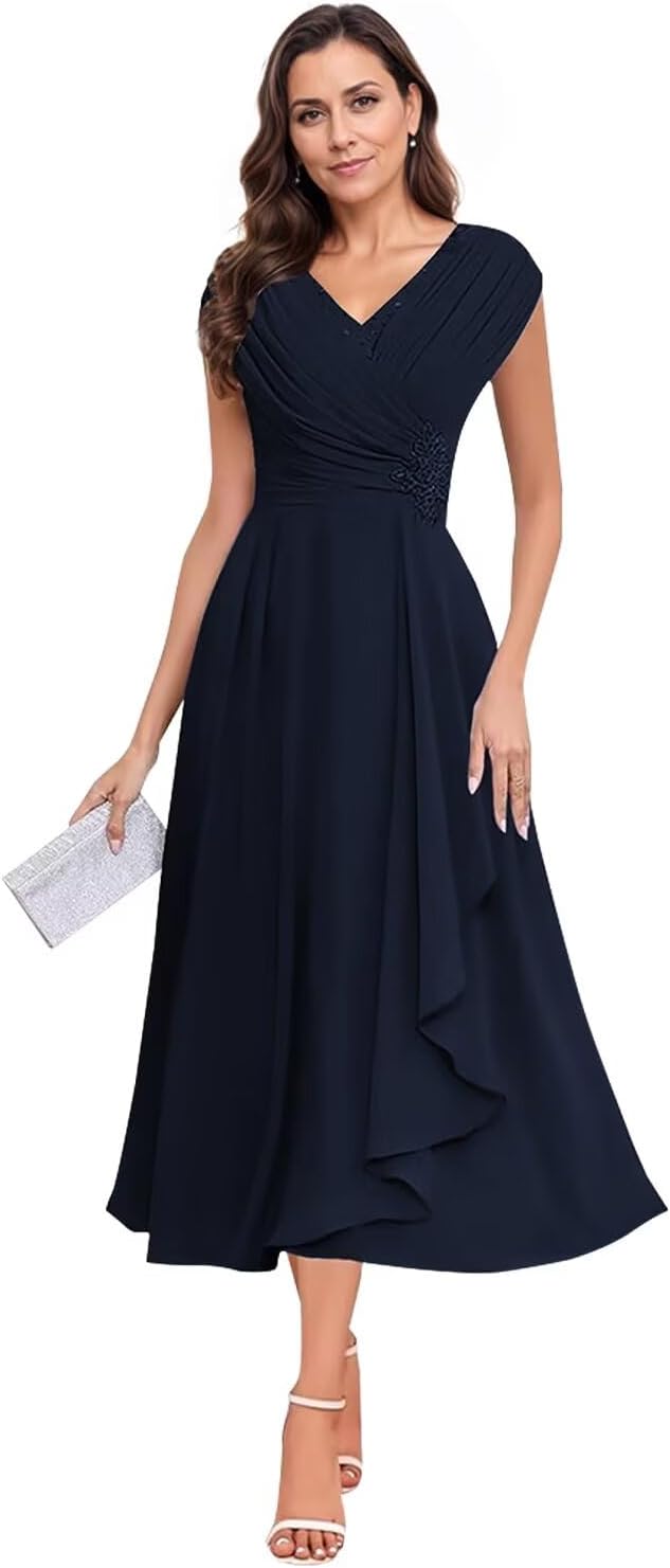 Tea Length Mother of The Bride Dress for Women V Neck Chiffon Ruched Formal Prom Dresses for Wedding A Line - Image 3