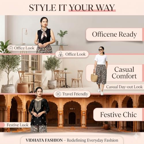 Image of Viscose Rayon Flared Printed Plazzo Palazzo Pants, Loose /Relaxed Fit Regular, Office Wear, Casual Wear Comfortable, Trouser Pants for Girls & Women Black Kerri Design (S to 3XL Size)