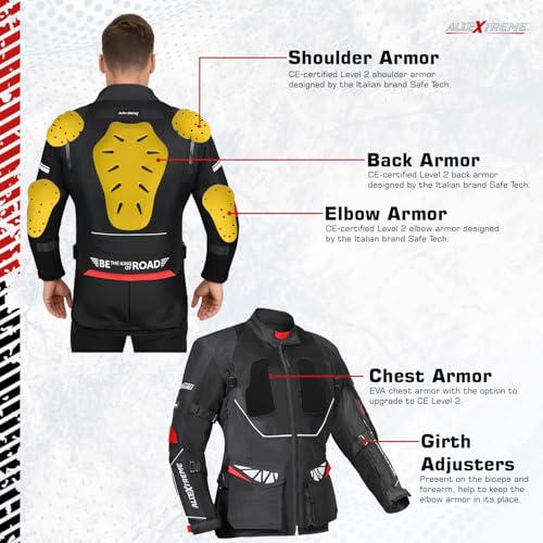 Image of Allextreme RALLY Unisex Motorcycle Touring Riding Jacket Polyester & Mesh Fabric with Abrasion Resistance Impact Protection Back Elbow Shoulder CE Lvl 2 Certified Armour Chest for Bikers (S, Black)