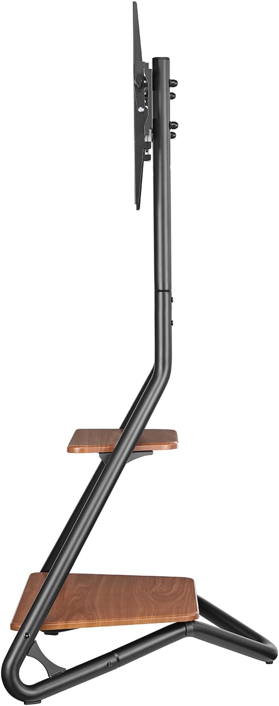 Side profile of the Maclean MC-455 TV stand with two wooden shelves.