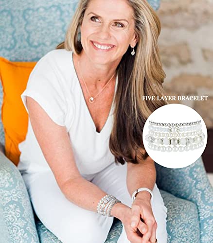 Noessla Beaded Pearl Stretch Bracelet Silver Stackable Crystal Beads Bracelets Trendy Costume Jewelry Mothers Day Gifts For Women(White) #TOP3