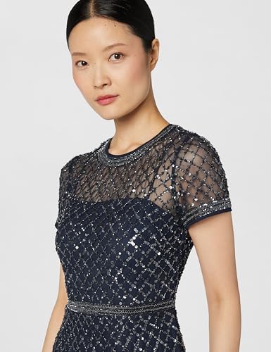 Image of Adrianna Papell Womens Short-Sleeve Grid Beaded Gown