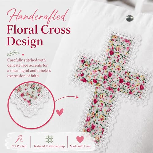 Image of Christian Tote Bag Gift for Women, Canvas Bible Bag Handmade Floral Cross | Christian faith-inspired gift, handcrafted cross with lace, inner pocket, snap closure, bottom gusset, church Bible study use