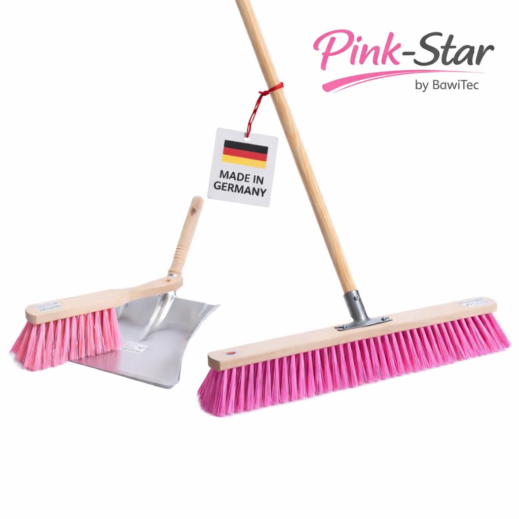 Pink-Star Besen Handfeger Set Straßenbesen mit Pinken Borsten Komplett-Set mit Stiel Besenstiel Hochwertig Langlebig für Draußen Garten Werkstatt Haus und Hof 60cm mit Holzstiel