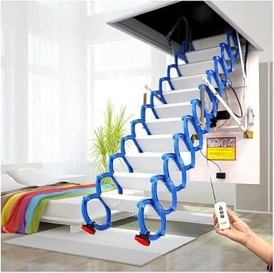 Concertina Loft Ladder Alloy Attic Access Ladder Remote Control Ceiling Folding Ladder Extended Attic Stairs Indoor Telescopic Pull Down Attic Ladder