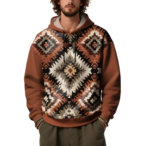 Western Hoodies for Men 2025 Fall Trendy Baggy Aztec Drawstring Hoodies Pullover Workout Sweatshirts with Pockets