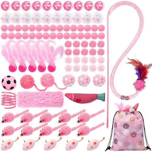 Leitee 101 Pcs Cat Interactive Toys Set with 1 Cat Paw Gift Storage Bags Feather Teaser Wand Springs Mice Fish Crinkle Balls Bell Balls Pillow, Puzzle Toys for Cats Gift Indoor (Pink)